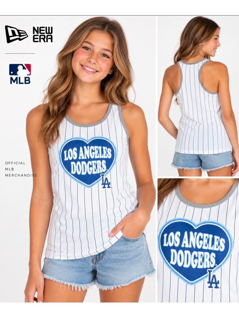 New Era LA Dodgers Girls XL 14/16 Pinstripe Heart Racerback Tank Top MLB